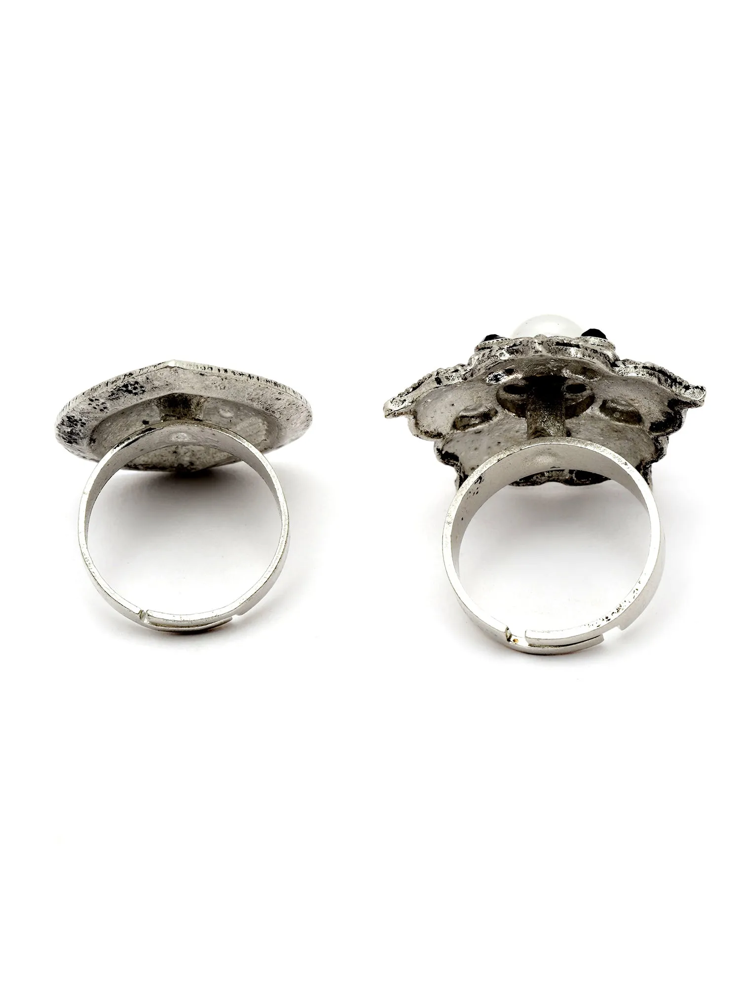 Karatcart Oxidised Silver Black Stone Floral and Drop Shape Combo Womens Rings