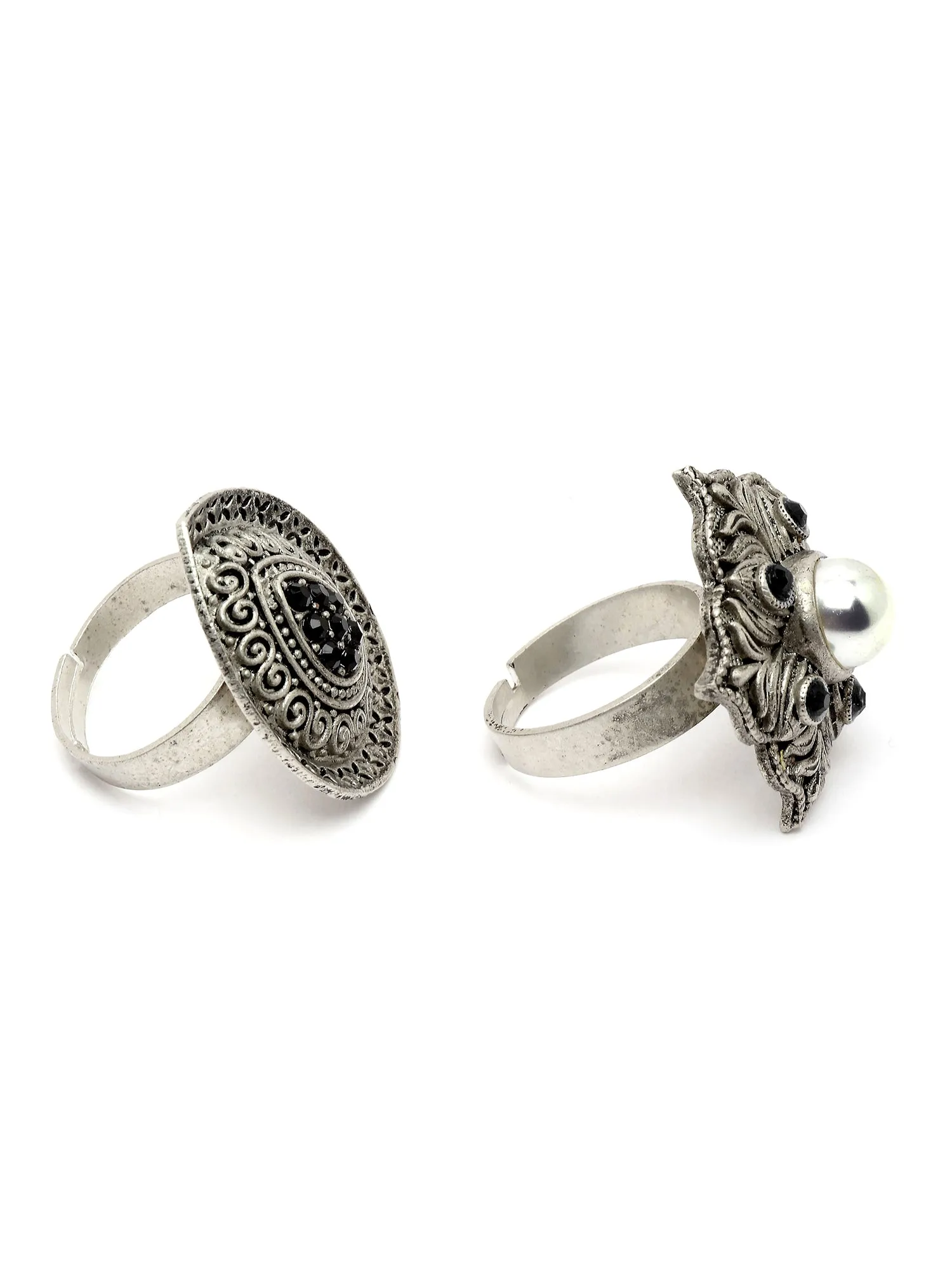 Karatcart Oxidised Silver Black Stone Floral and Drop Shape Combo Womens Rings