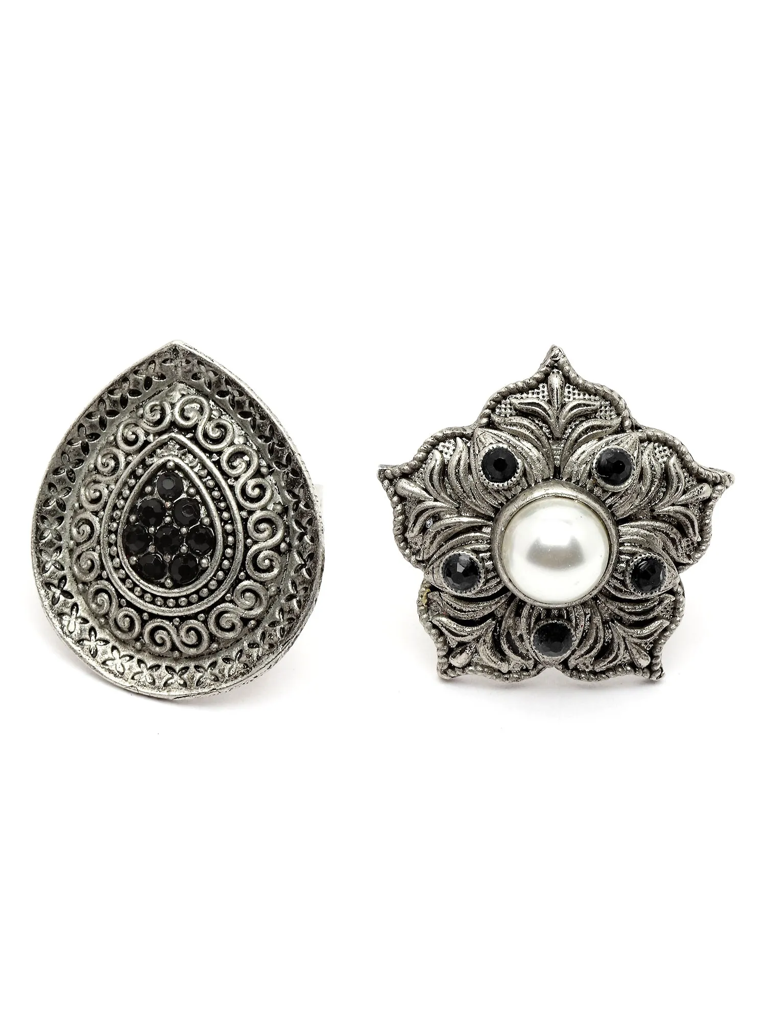 Karatcart Oxidised Silver Black Stone Floral and Drop Shape Combo Womens Rings