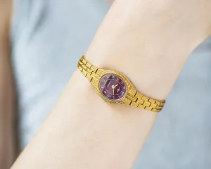 Lady's wristwatch Ray burgundy dial, gold plated women's watch bracelet, vintage cocktail watch oval dial jewelry, chic women watch gift