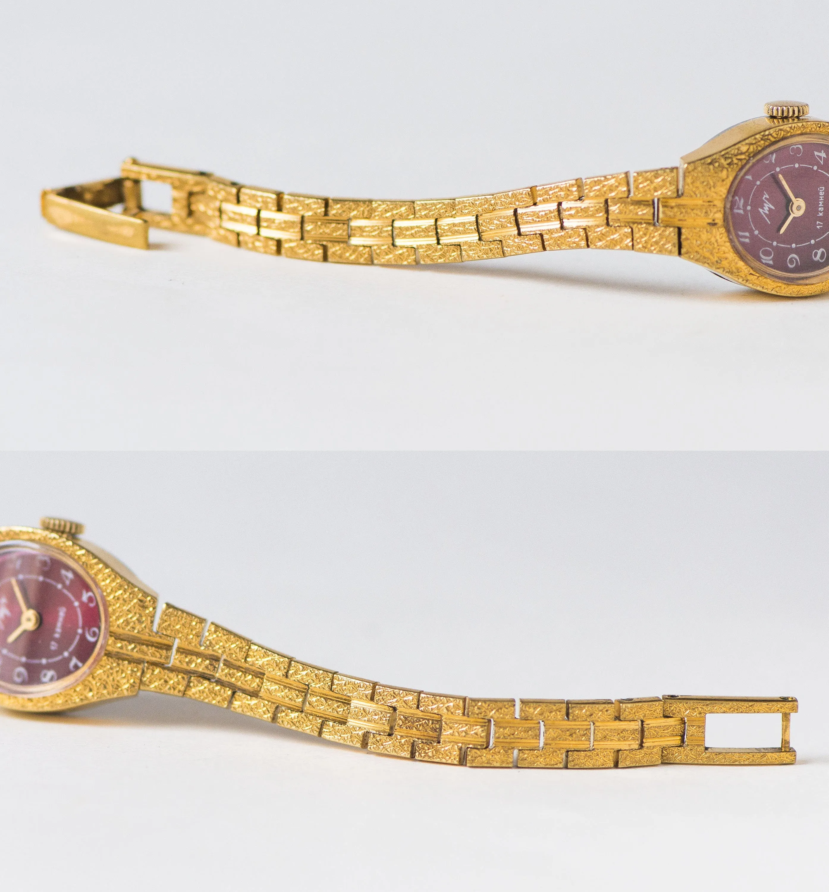 Lady's wristwatch Ray burgundy dial, gold plated women's watch bracelet, vintage cocktail watch oval dial jewelry, chic women watch gift