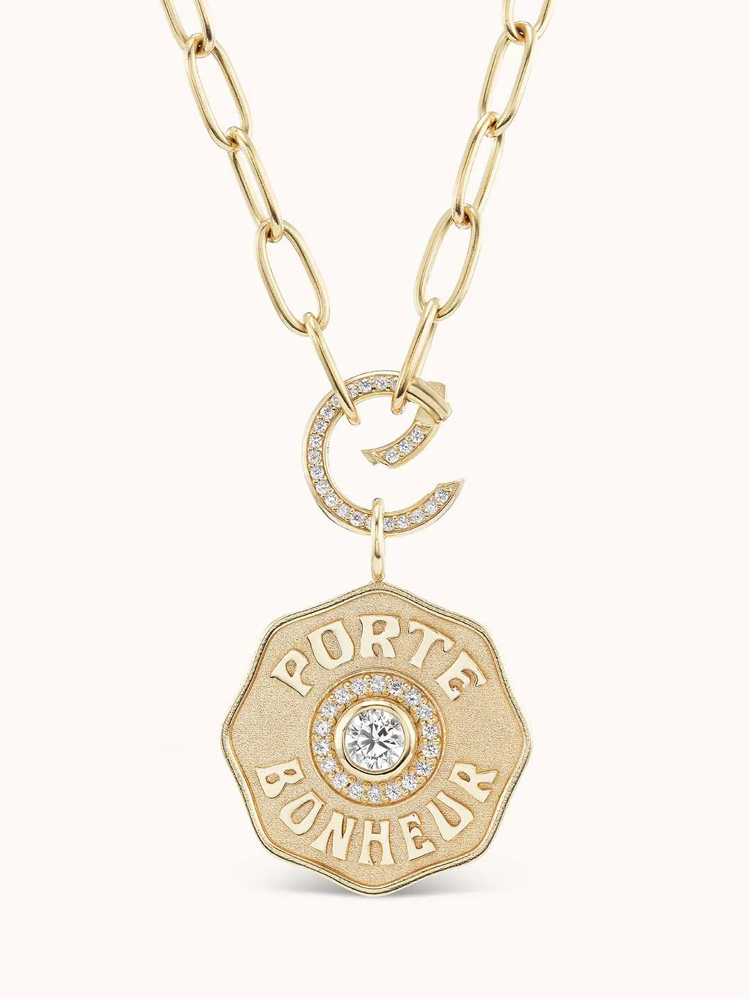 Large Raised Gold Porte Bonheur Sardinia Chain II White Diamond
