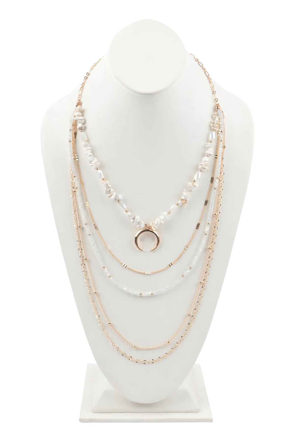 LAYERED CHAIN, NATURAL STONE CHIP MIX BEADS CRESCENT PENDANT NECKLACE