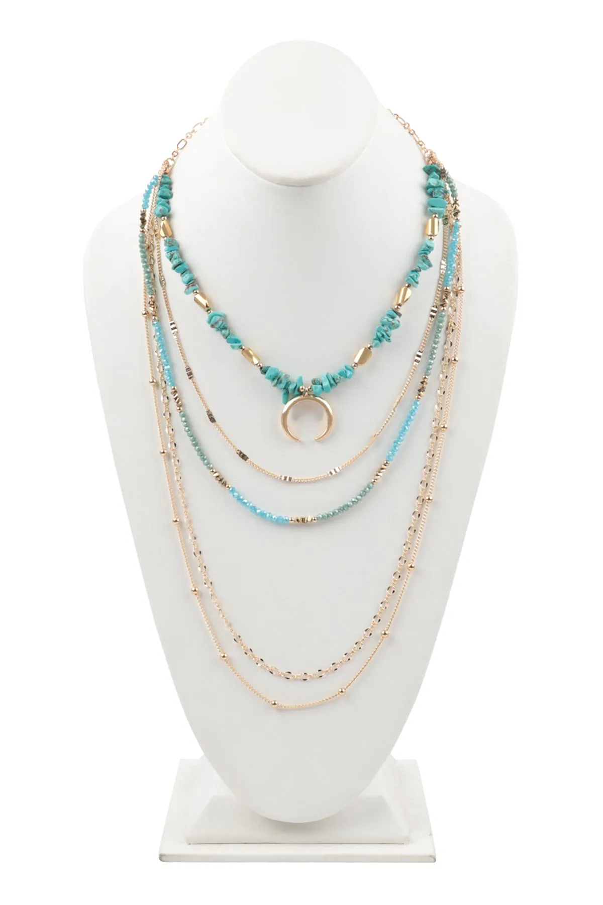 LAYERED CHAIN, NATURAL STONE CHIP MIX BEADS CRESCENT PENDANT NECKLACE