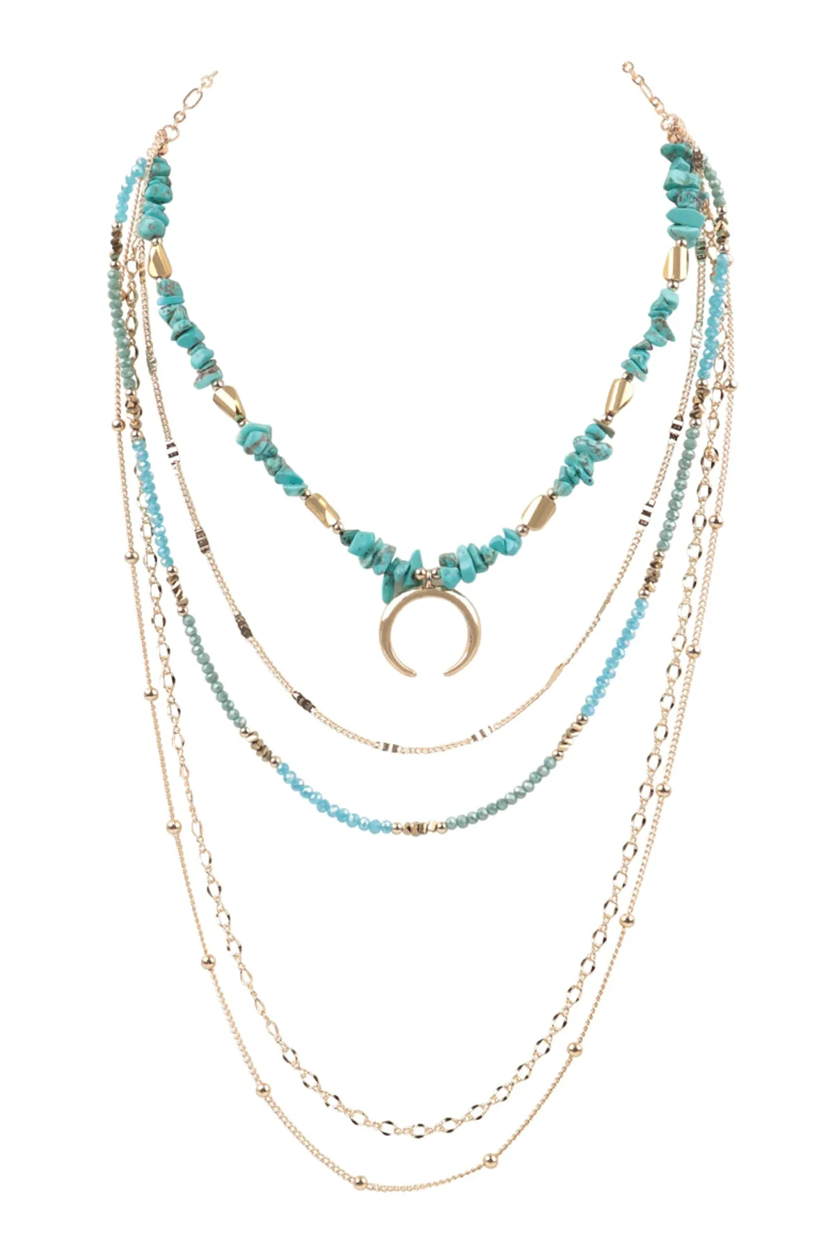 LAYERED CHAIN, NATURAL STONE CHIP MIX BEADS CRESCENT PENDANT NECKLACE