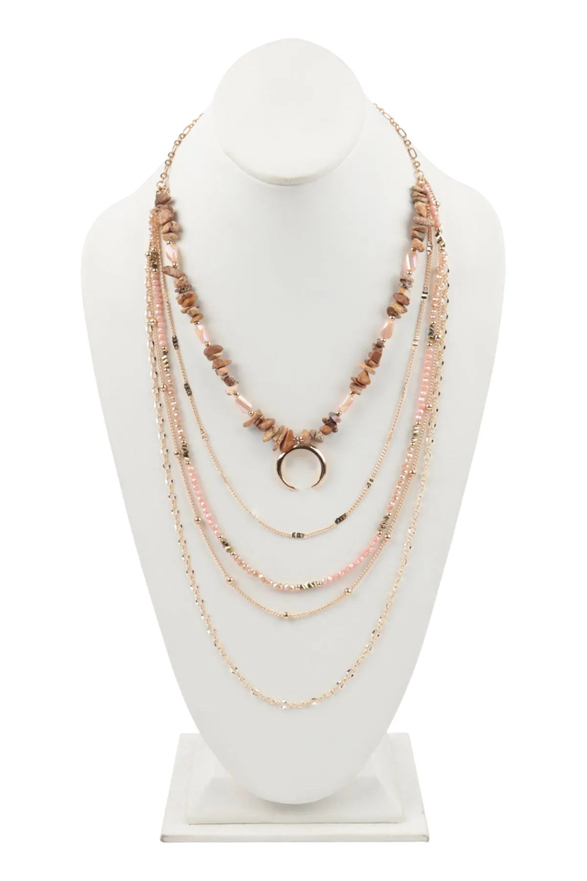 LAYERED CHAIN, NATURAL STONE CHIP MIX BEADS CRESCENT PENDANT NECKLACE