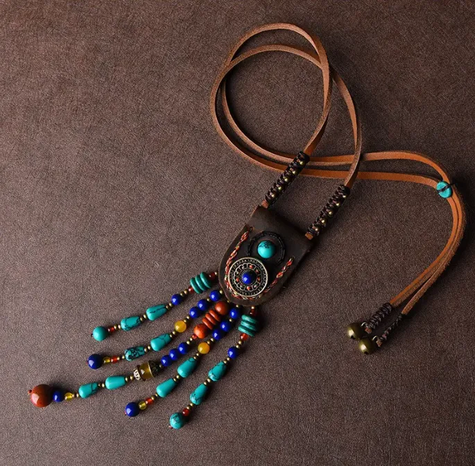 Leather stone beaded tassel necklace