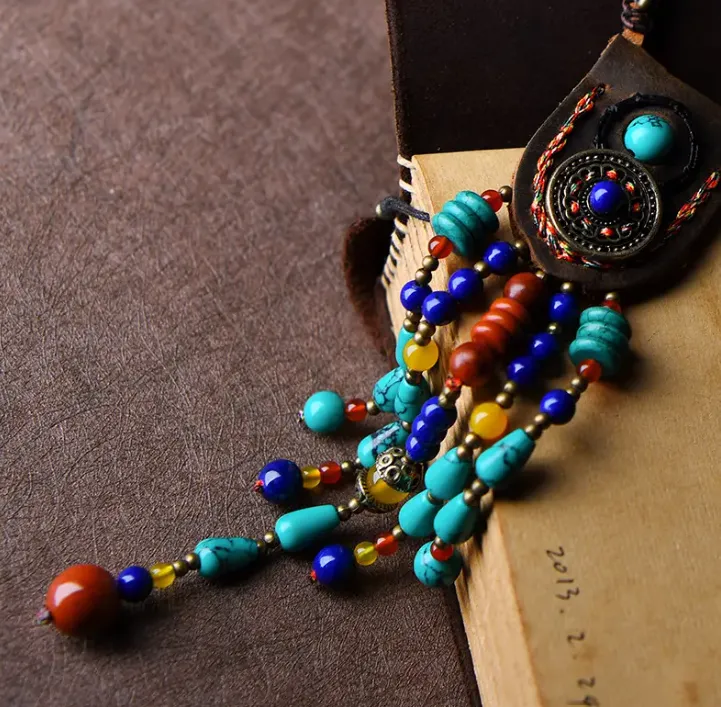 Leather stone beaded tassel necklace