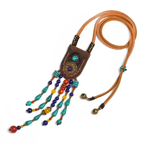 Leather stone beaded tassel necklace