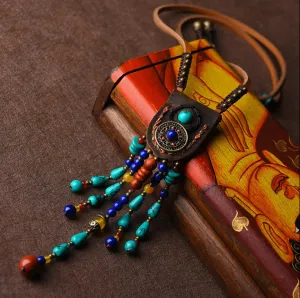 Leather stone beaded tassel necklace