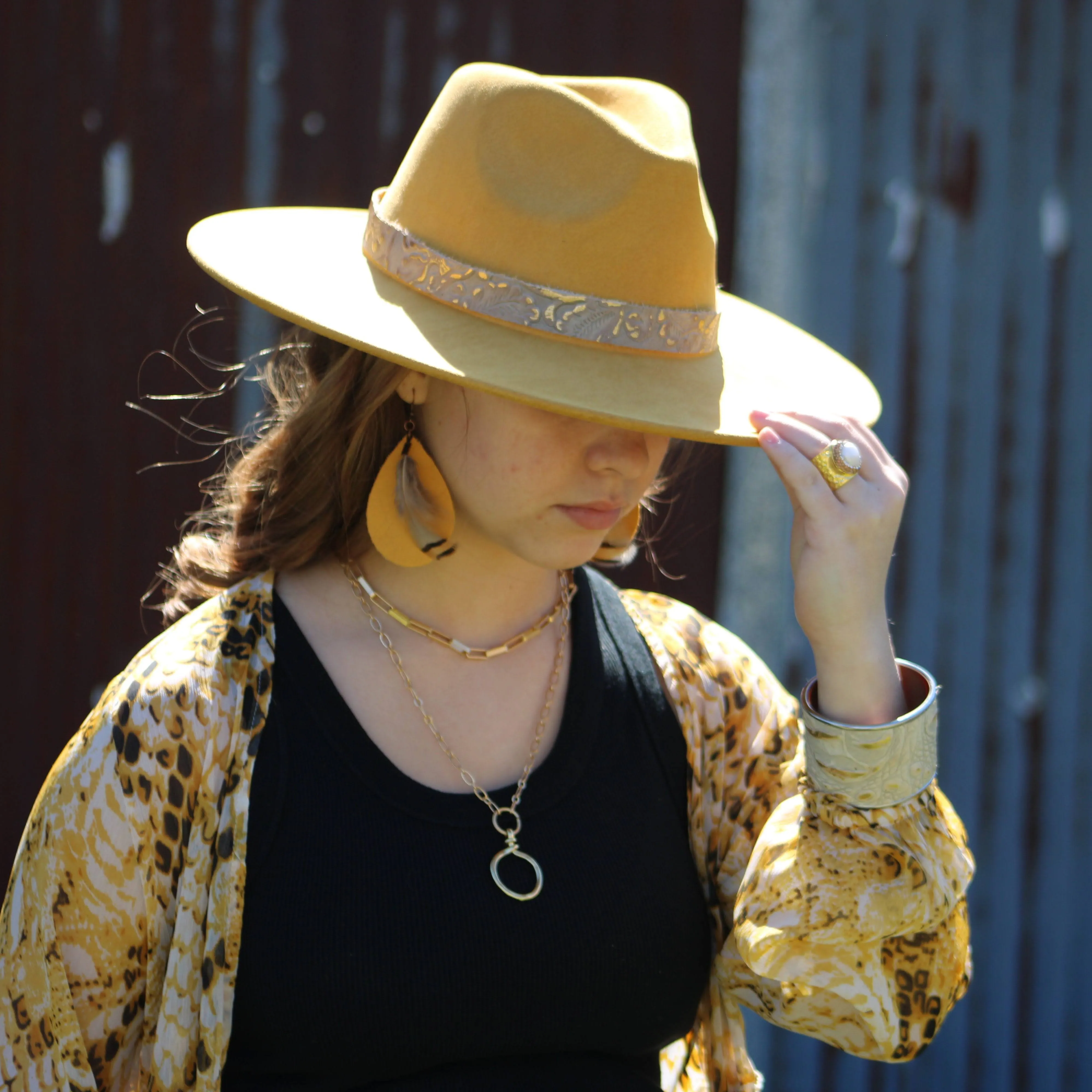 Leather Teardrop Mustard Earrings w/ Feather Accents 220c