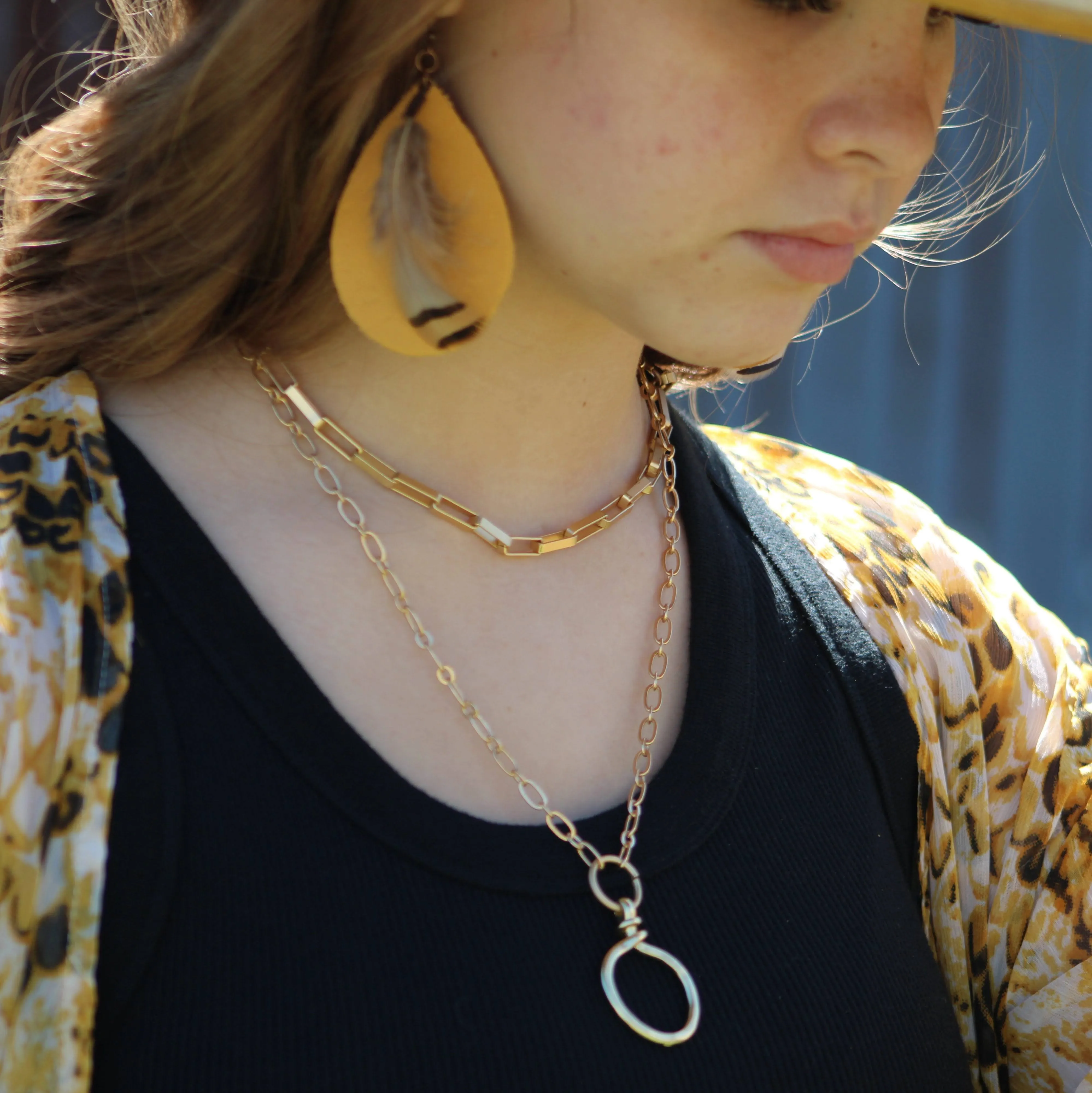 Leather Teardrop Mustard Earrings w/ Feather Accents 220c