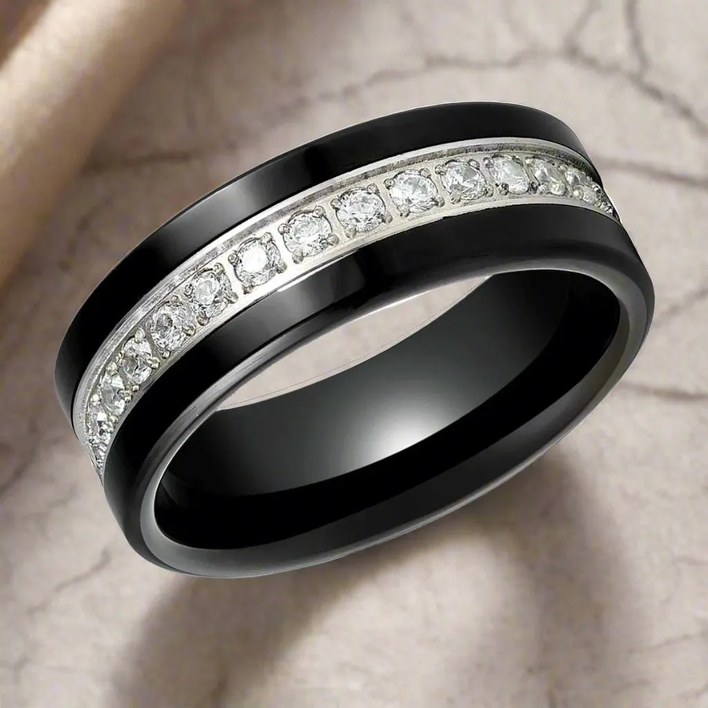 LEPORIS | Black Tungsten Ring, Diamond Stimulant CZ Eternity, Flat