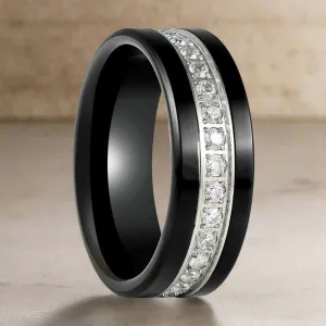 LEPORIS | Black Tungsten Ring, Diamond Stimulant CZ Eternity, Flat
