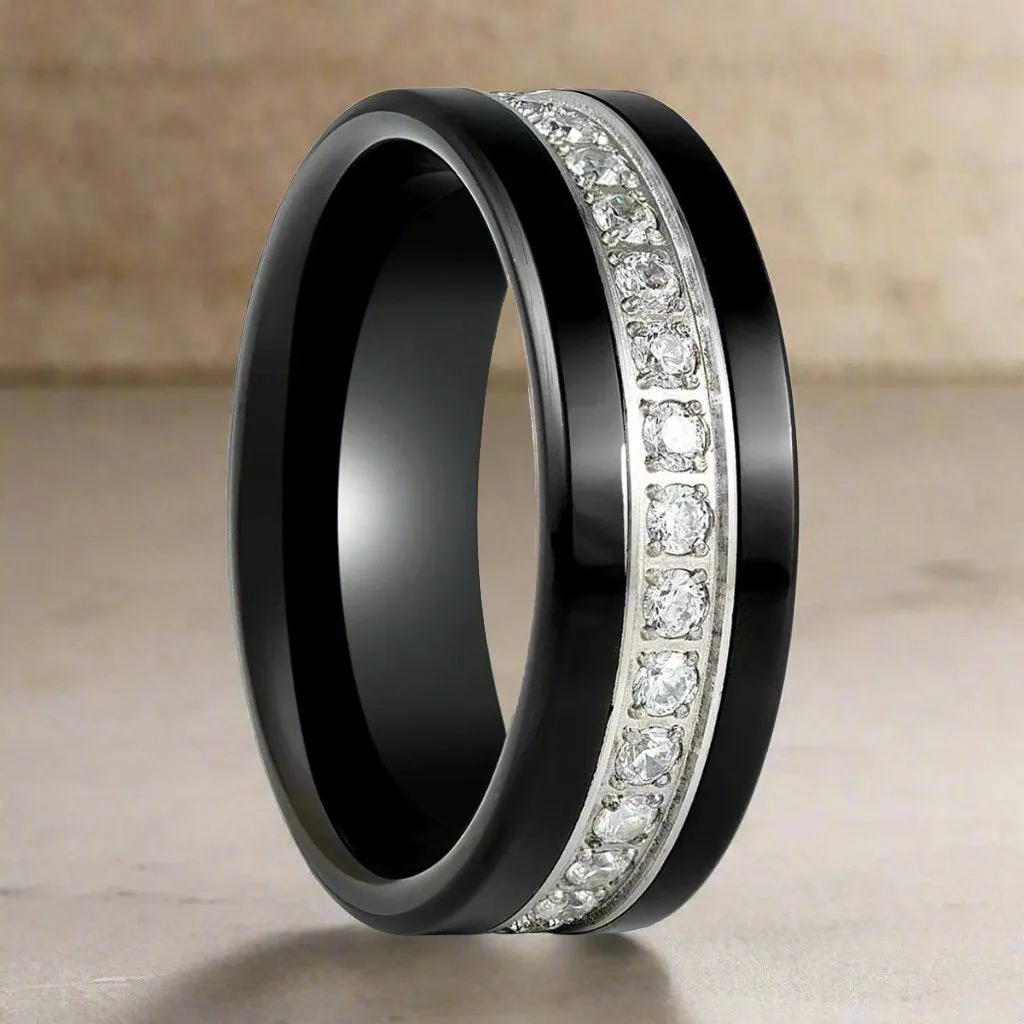 LEPORIS | Black Tungsten Ring, Diamond Stimulant CZ Eternity, Flat