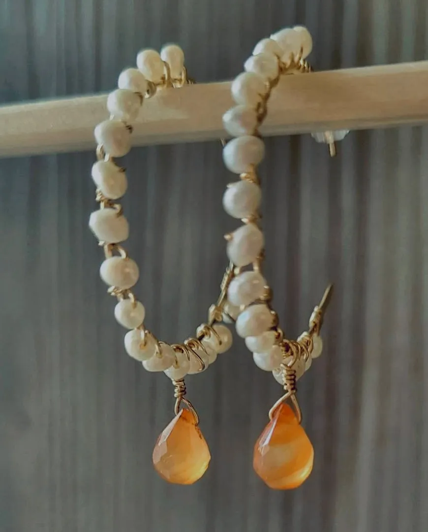 Lightweight Freshwater Pearls & Orange Carnelian Gemstone Gold Hoops