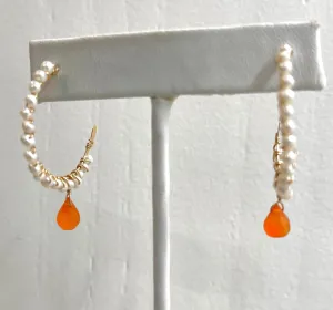 Lightweight Freshwater Pearls & Orange Carnelian Gemstone Gold Hoops