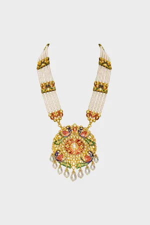 Long necklace adorned with stunning peacock Meena design