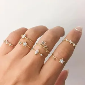 Luxury Modern New Gorgeous Moon Star Finger Ring Set For Women And Girls Vintage Style Gold Rings Set For Wedding Jewelry Gifts