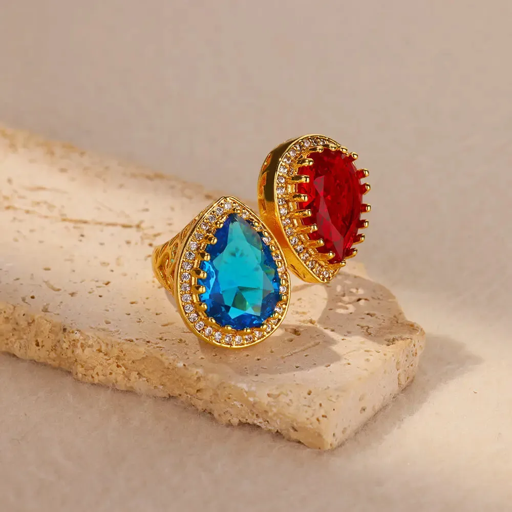 Luxury Water Drop Zircon Rings for Women - Red Blue Cubic Zirconia Stainless Steel Band