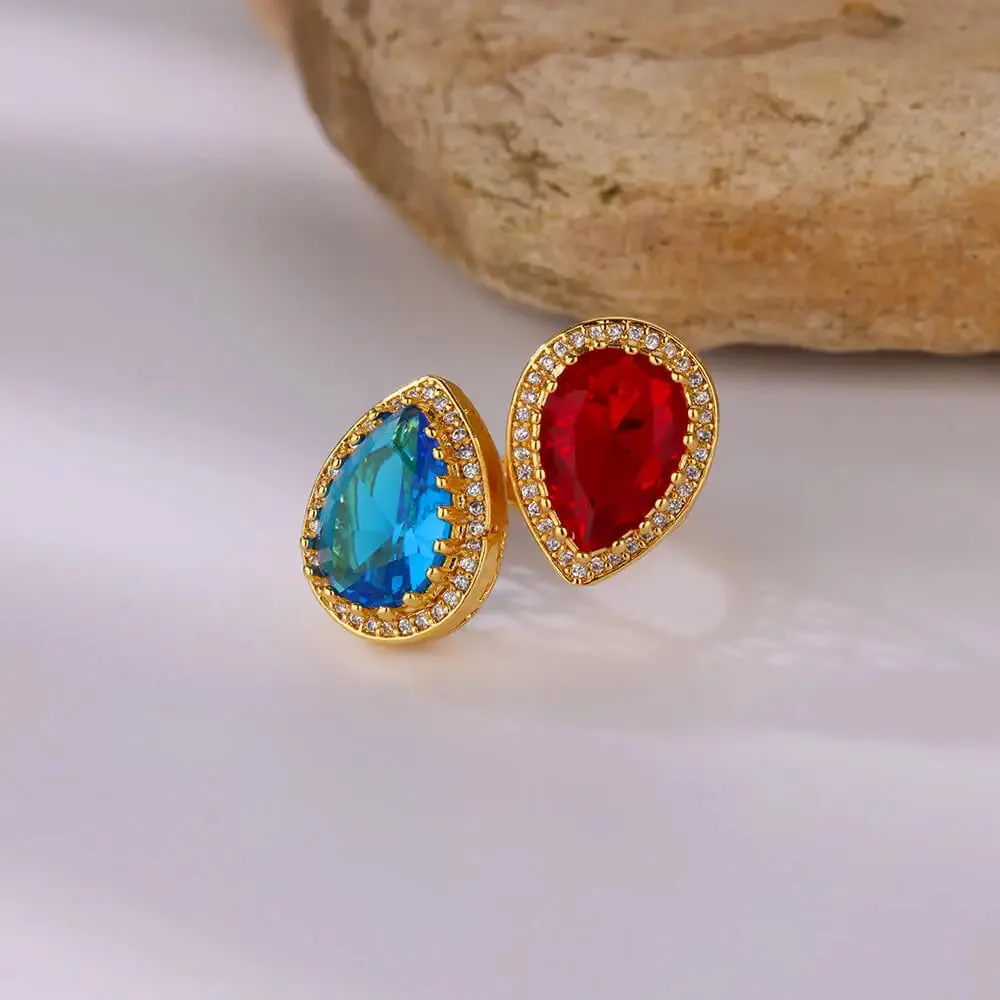 Luxury Water Drop Zircon Rings for Women - Red Blue Cubic Zirconia Stainless Steel Band