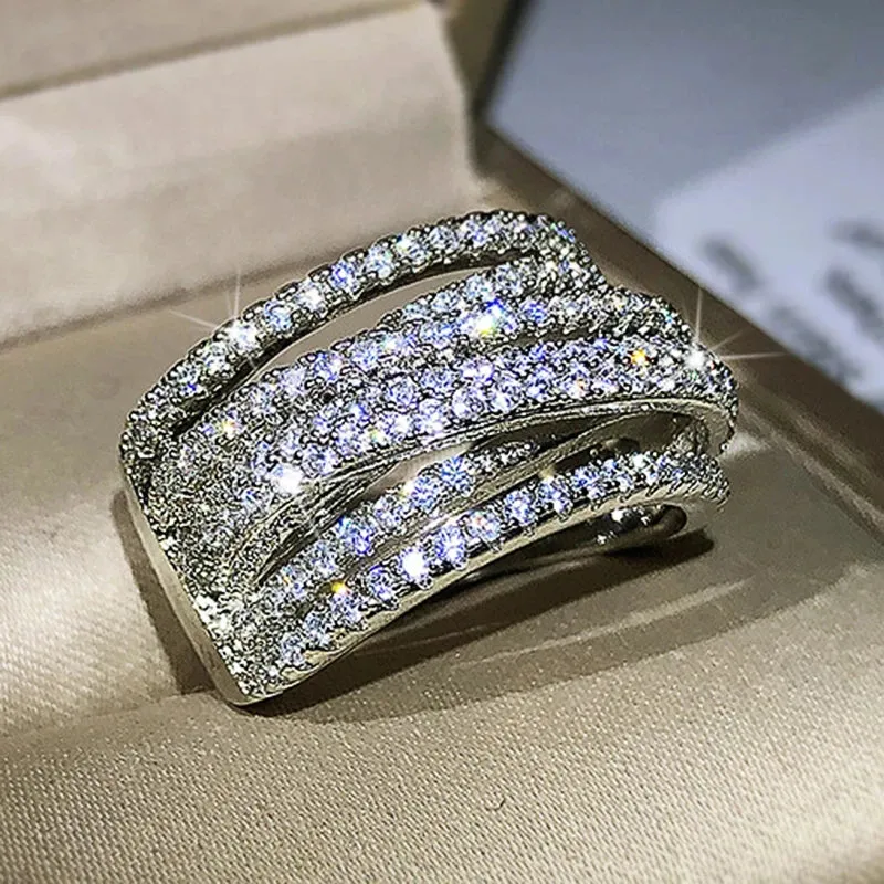 Luxury Wide Promise Rings for Women Pull Paved CZ Sparkling Wedding Bands Rings Silver Color/Gold Color Fashion Jewelry