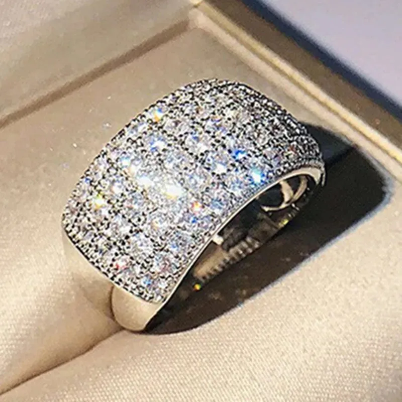 Luxury Wide Promise Rings for Women Pull Paved CZ Sparkling Wedding Bands Rings Silver Color/Gold Color Fashion Jewelry
