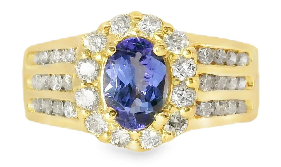 Magnificent Estate 14K Yellow Gold One Carat Solitaire Tanzanite Diamond Ring
