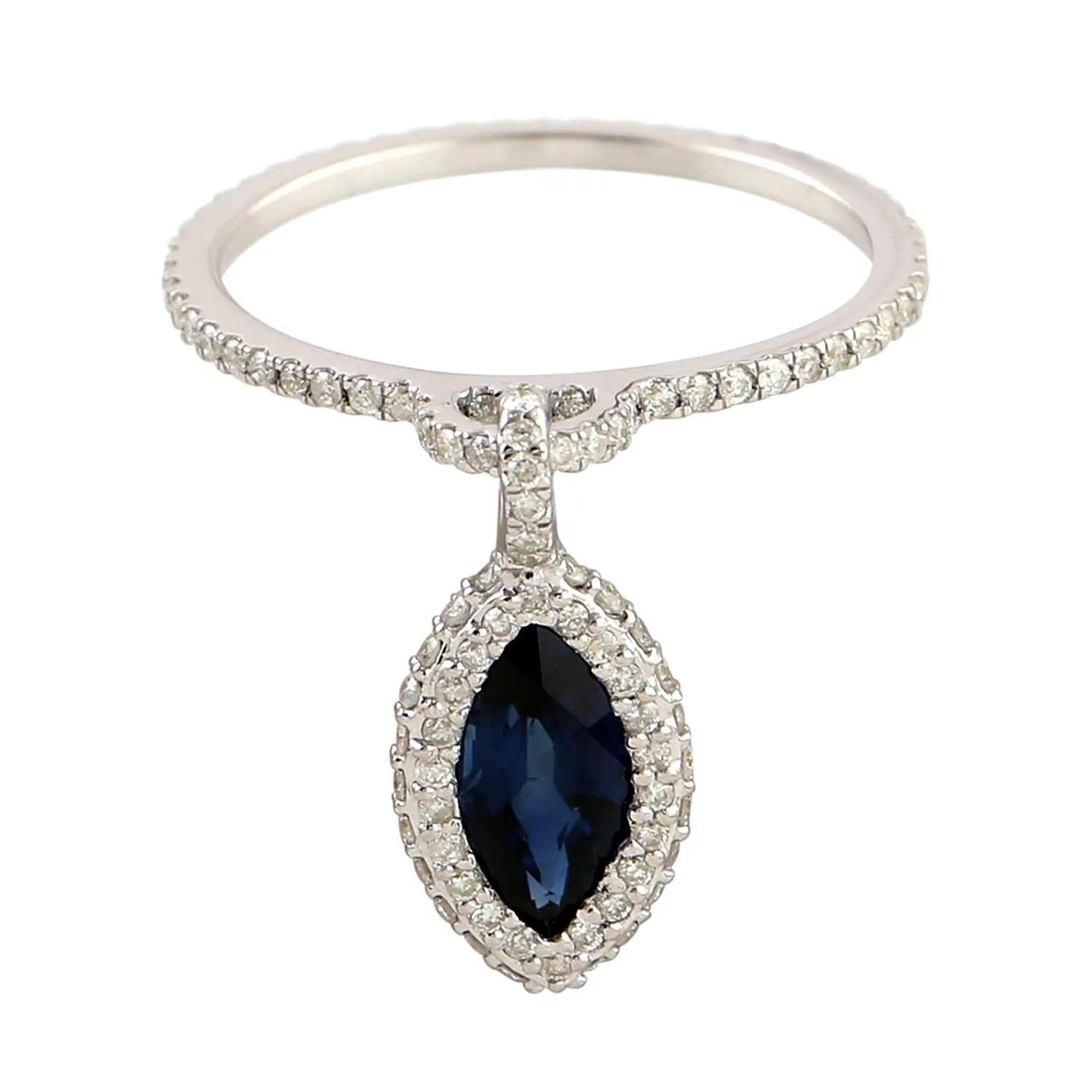 Marquise Blue Sapphire September Birthstone Pave Diamond Unique Charm Ring In White Gold