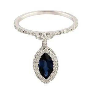 Marquise Blue Sapphire September Birthstone Pave Diamond Unique Charm Ring In White Gold