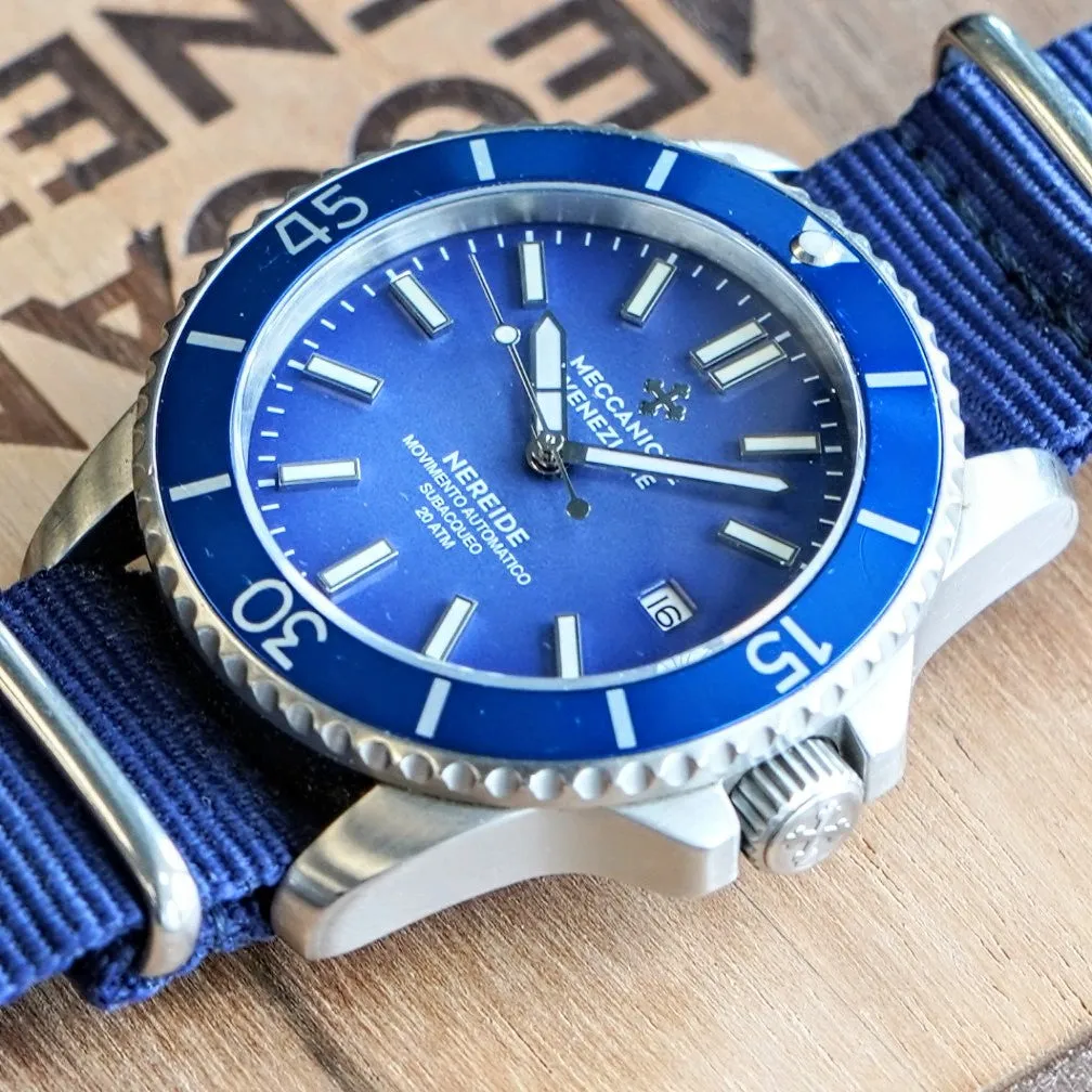 MECCANICHE VENEZIANE Nereide Automatic Watch Blue Dial & Bezel Date Diver Wristwatch - Outer Box & Papers