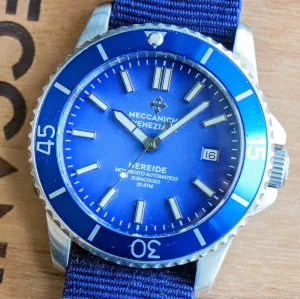 MECCANICHE VENEZIANE Nereide Automatic Watch Blue Dial & Bezel Date Diver Wristwatch - Outer Box & Papers