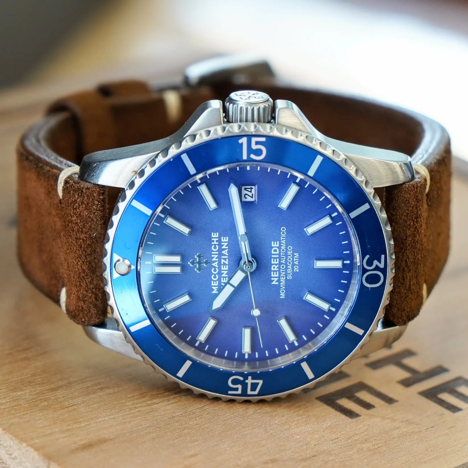 MECCANICHE VENEZIANE Nereide Automatic Watch Blue Dial & Bezel Date Diver Wristwatch - Outer Box & Papers