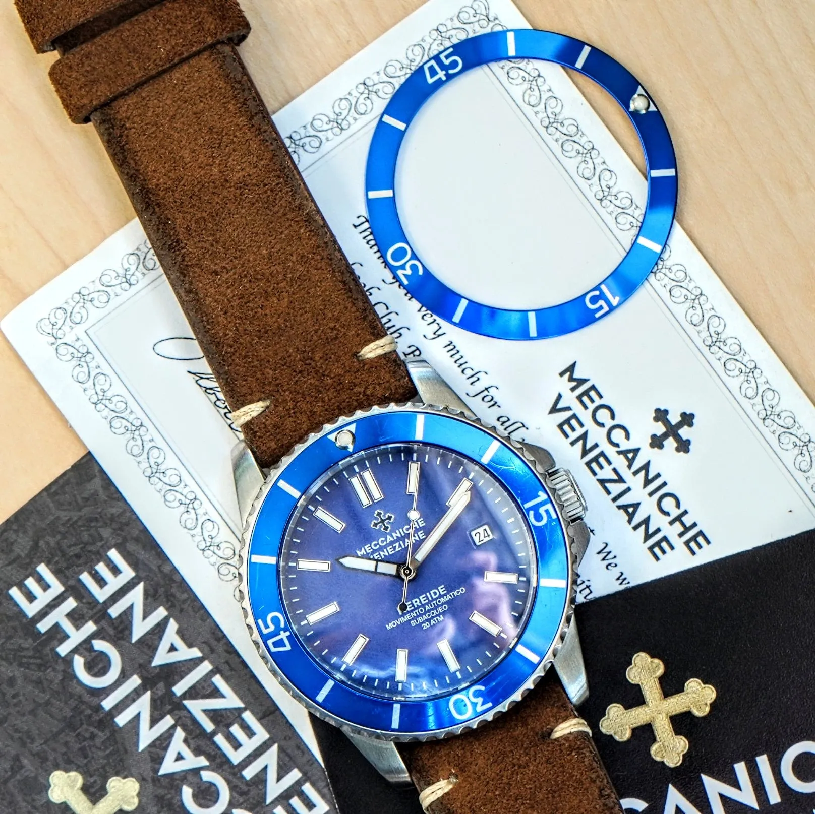 MECCANICHE VENEZIANE Nereide Automatic Watch Blue Dial & Bezel Date Diver Wristwatch - Outer Box & Papers