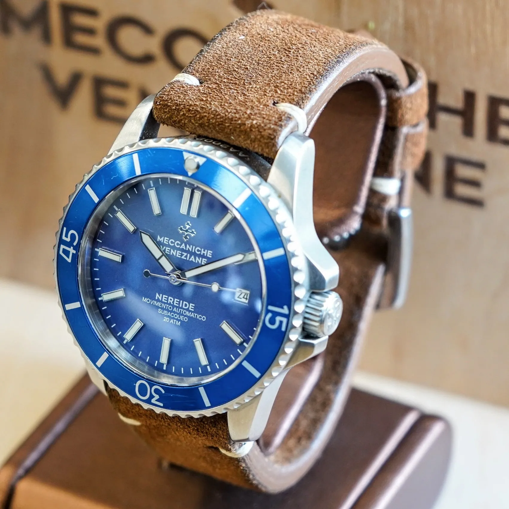 MECCANICHE VENEZIANE Nereide Automatic Watch Blue Dial & Bezel Date Diver Wristwatch - Outer Box & Papers