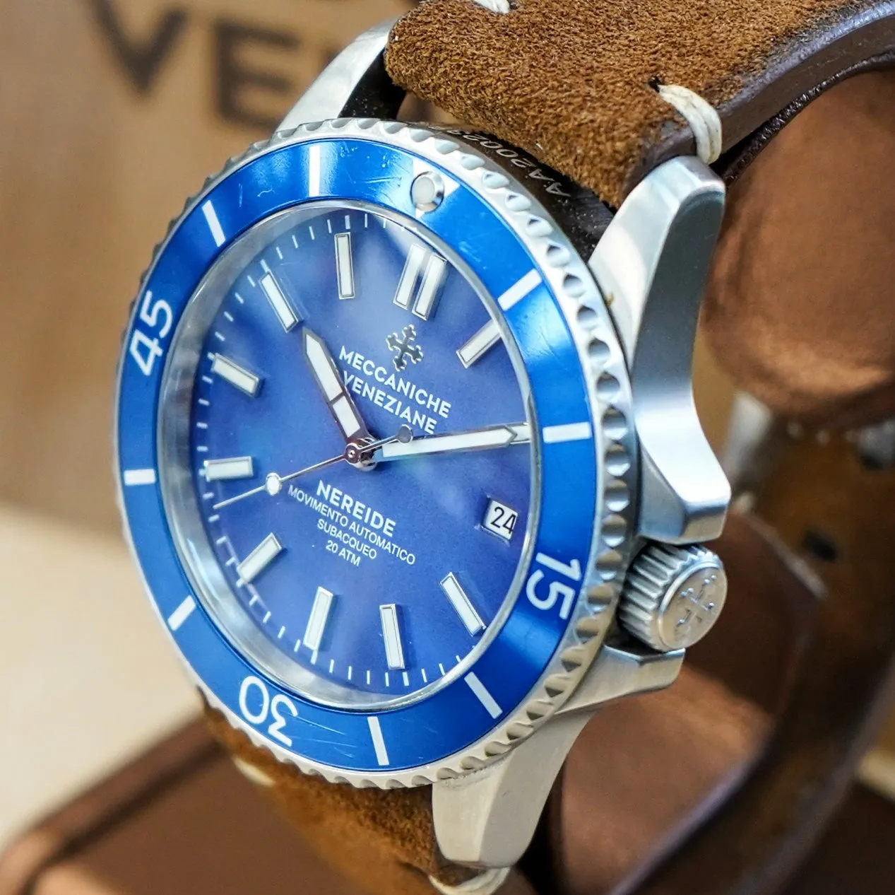 MECCANICHE VENEZIANE Nereide Automatic Watch Blue Dial & Bezel Date Diver Wristwatch - Outer Box & Papers