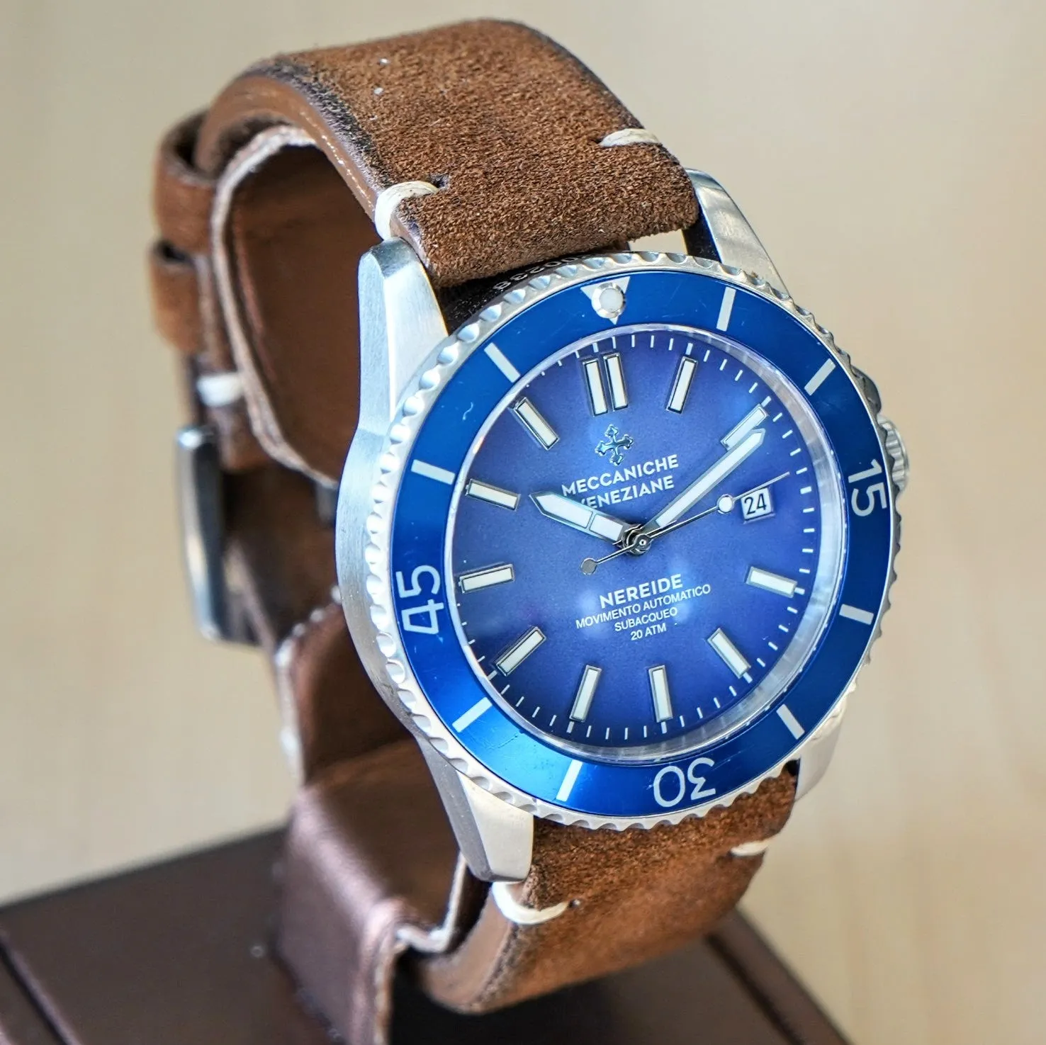 MECCANICHE VENEZIANE Nereide Automatic Watch Blue Dial & Bezel Date Diver Wristwatch - Outer Box & Papers