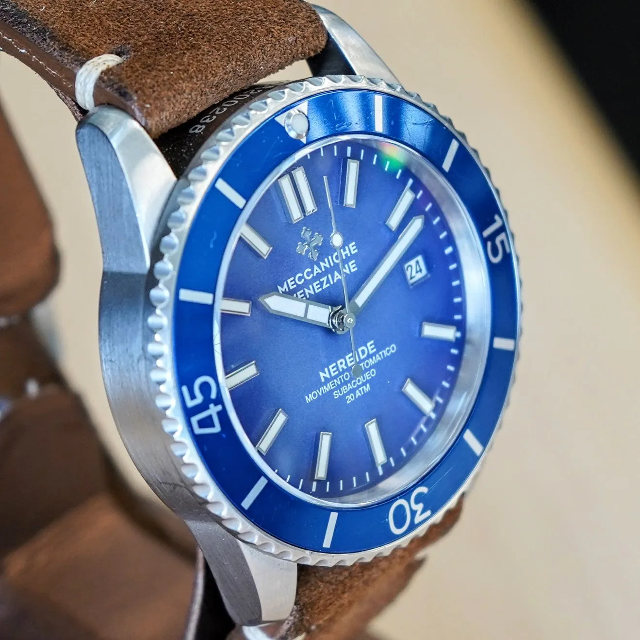 MECCANICHE VENEZIANE Nereide Automatic Watch Blue Dial & Bezel Date Diver Wristwatch - Outer Box & Papers