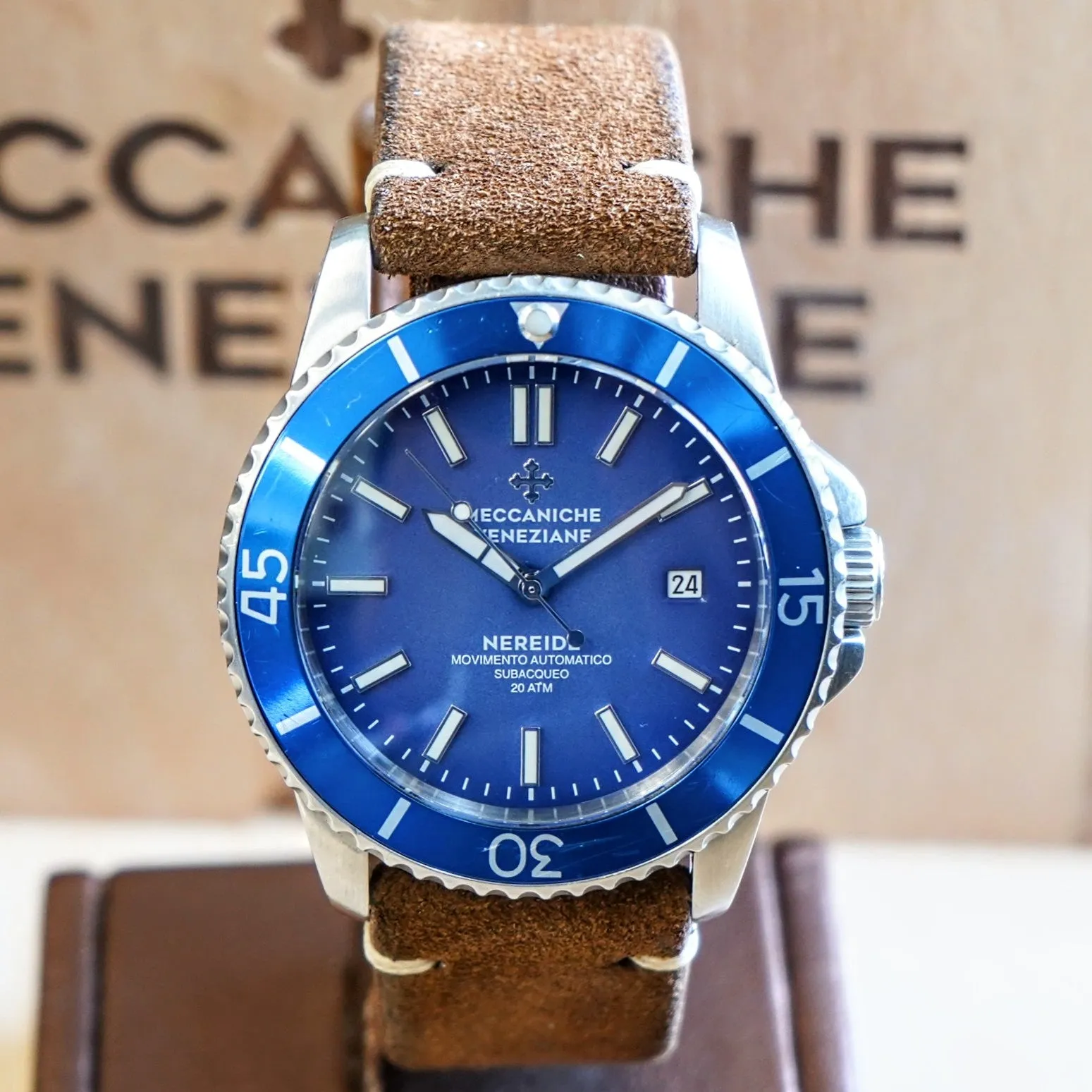 MECCANICHE VENEZIANE Nereide Automatic Watch Blue Dial & Bezel Date Diver Wristwatch - Outer Box & Papers