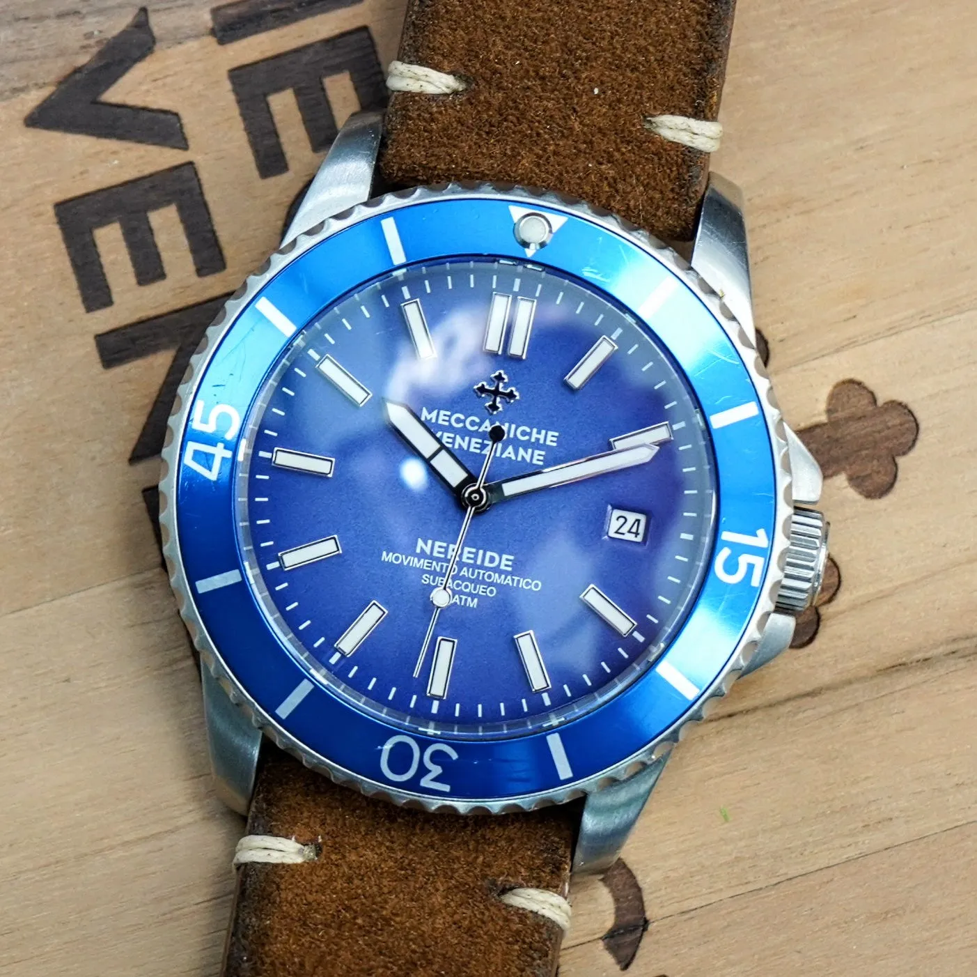 MECCANICHE VENEZIANE Nereide Automatic Watch Blue Dial & Bezel Date Diver Wristwatch - Outer Box & Papers