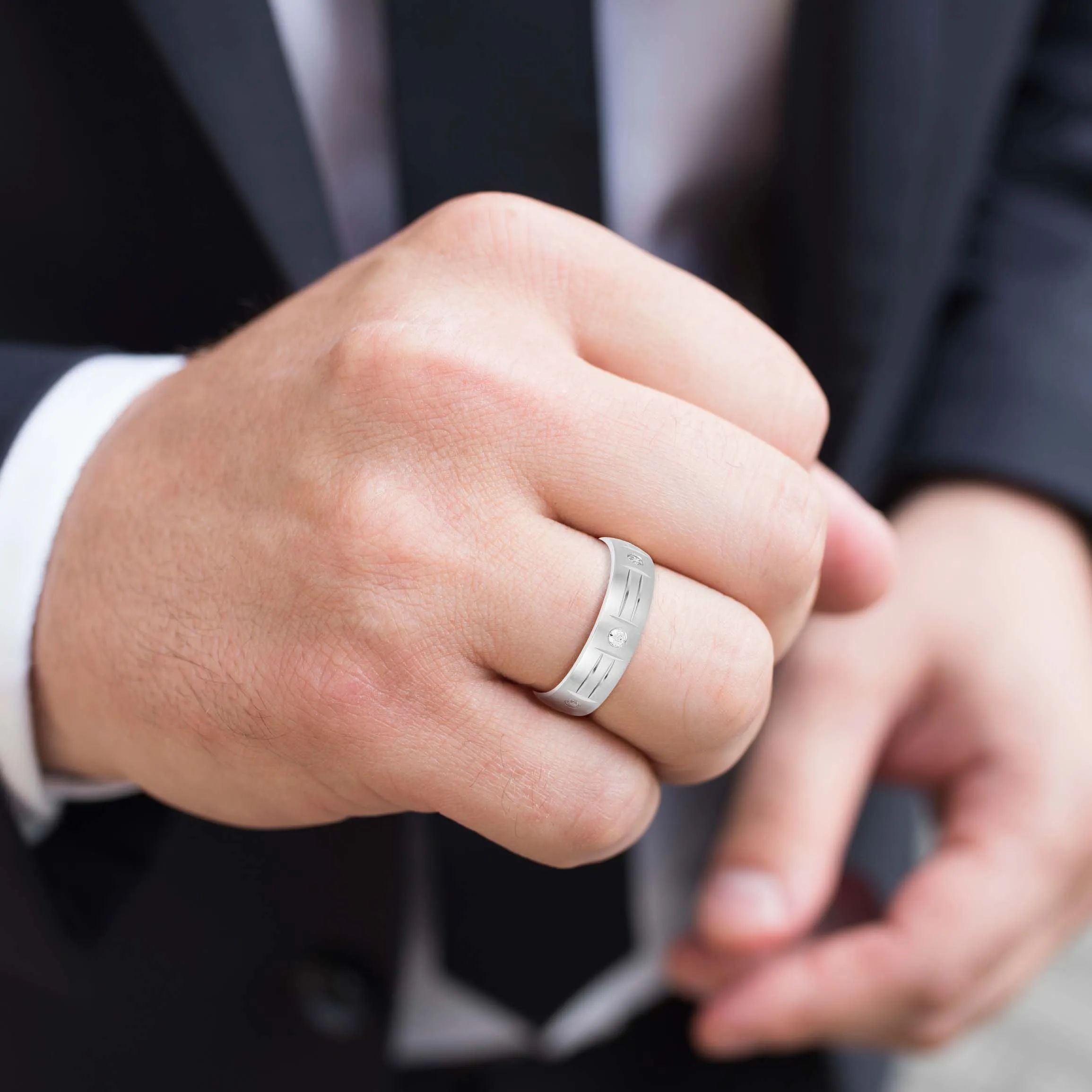 Men's Unique Pattern Bezel Set Diamond Wedding Band