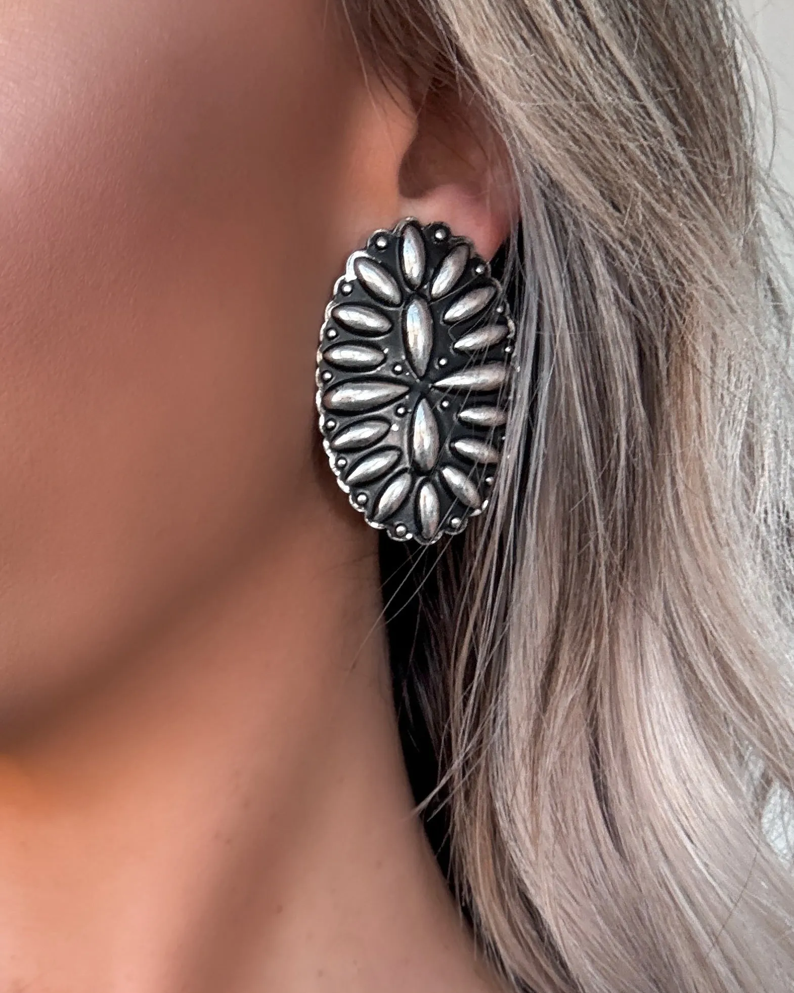 Metal Concho Earrings - Silver