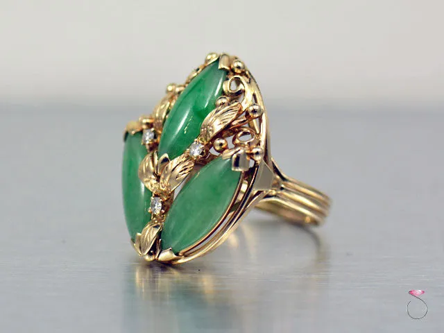 Ming's Hawaii Large 3 Stone Green Jade & Diamond Ring