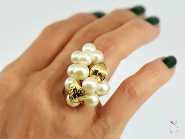 MING'S HAWAII LARGE WHITE AKOYA PEARLS GRAPE CLUSTER RING