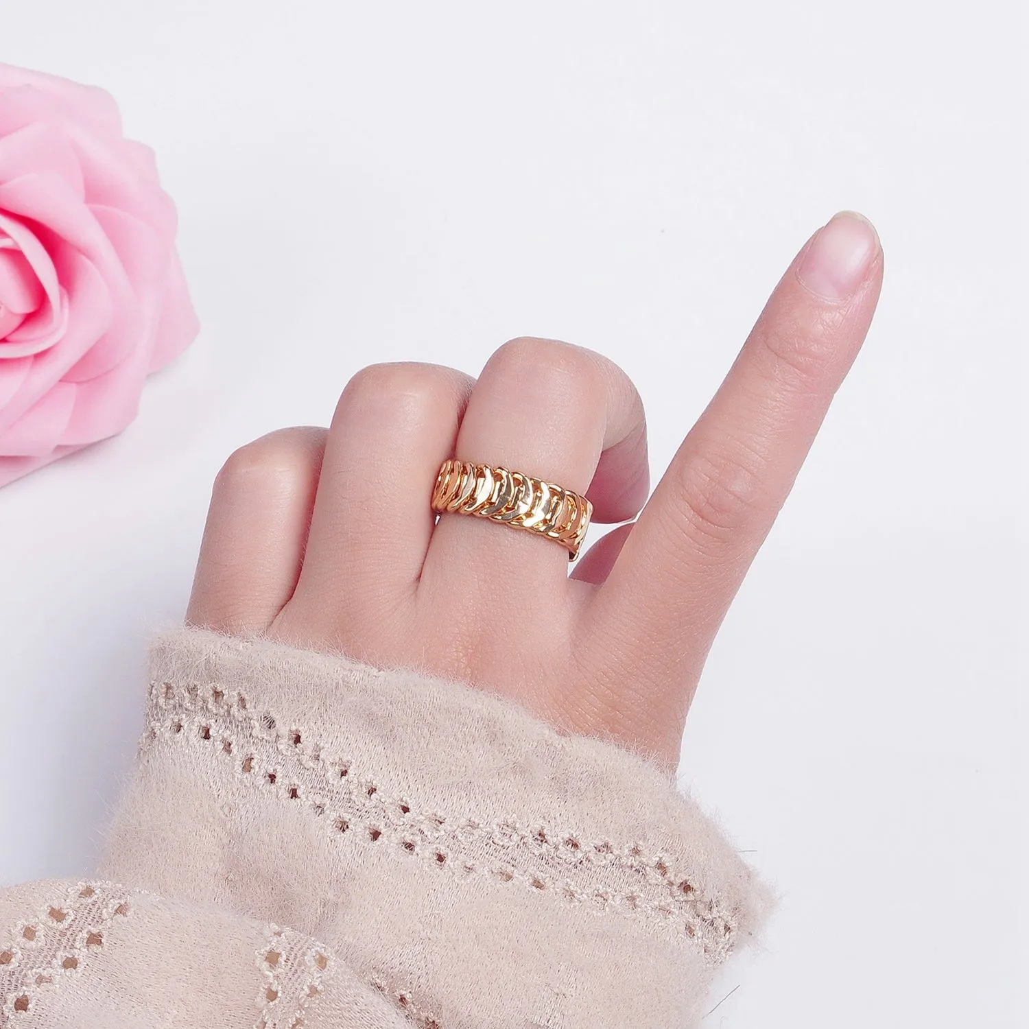 Minimalist Gold Unique Curb Chain Link Adjustable Ring O-477
