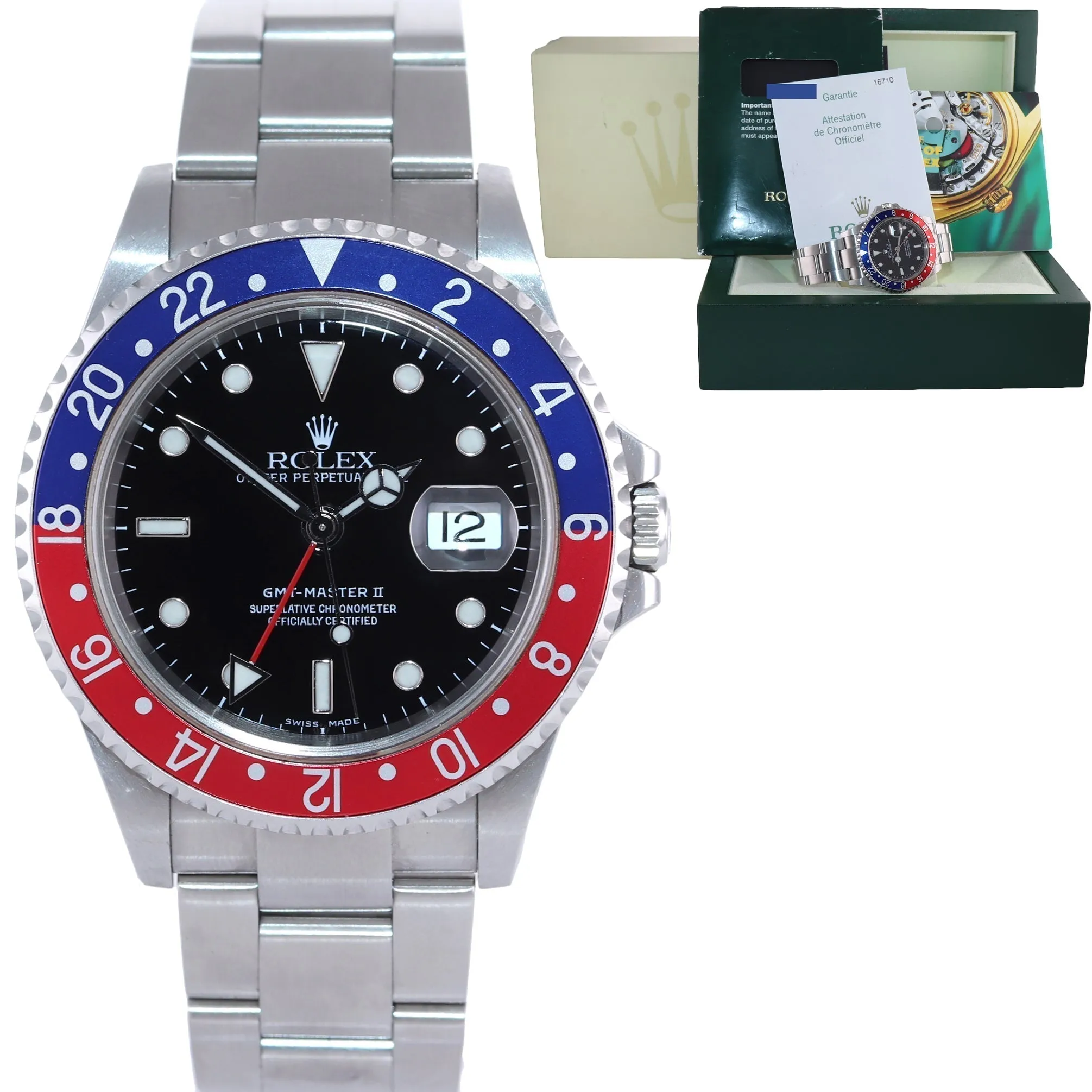 MINT 2004 PAPERS Rolex GMT-Master 2 Pepsi Blue Steel 16710 No Holes Watch Box