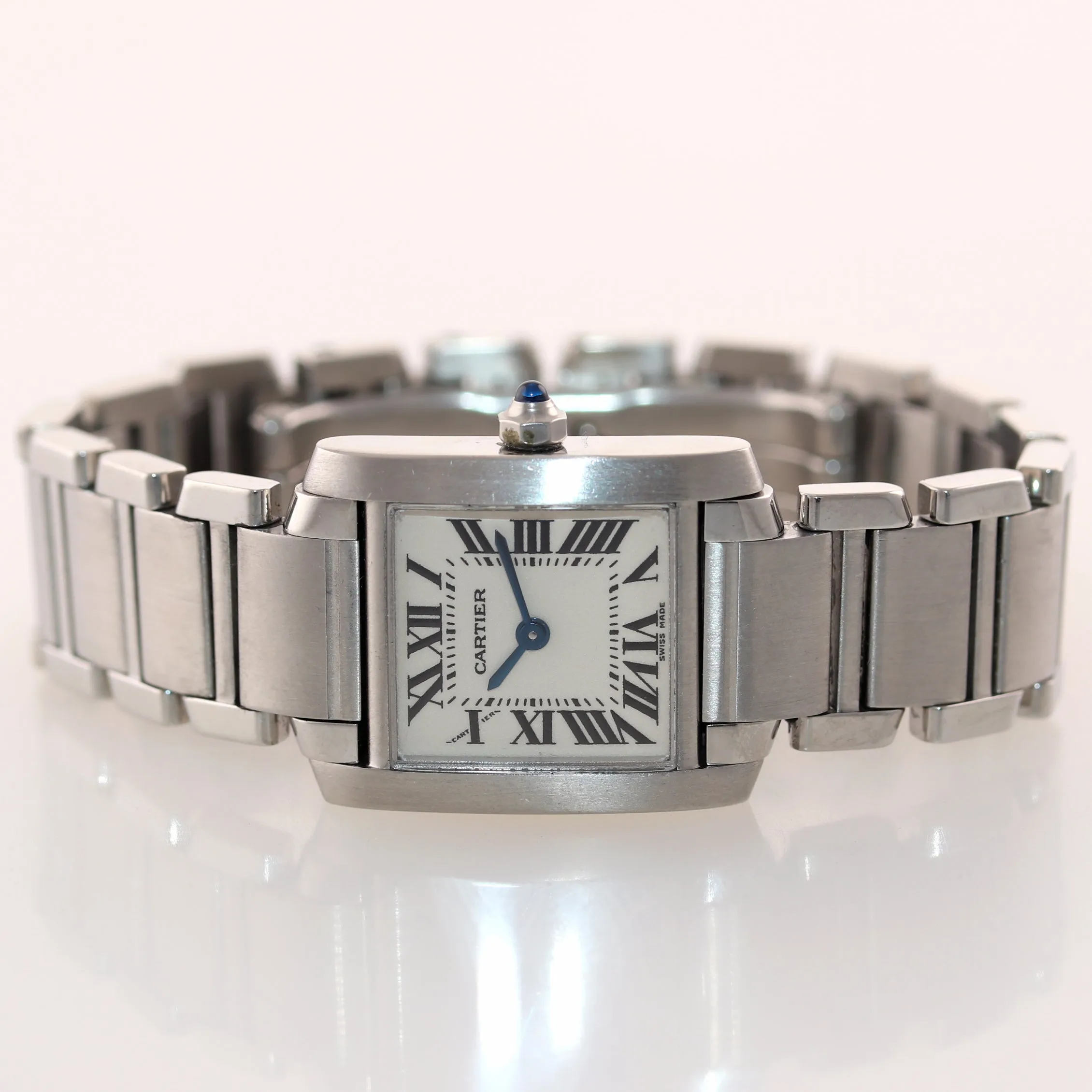 MINT Ladies Cartier Tank Francaise 2384 Stainless Steel Ivory Roman Quartz Watch