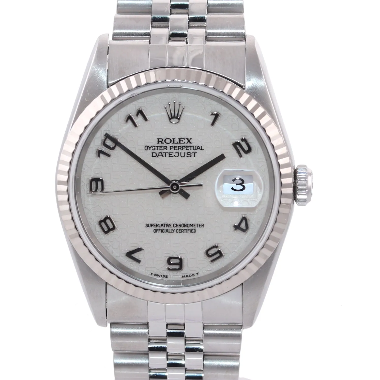 MINT Rolex DateJust 36mm 16234 Steel Silver Stick Jubilee 18k Fluted Watch Box