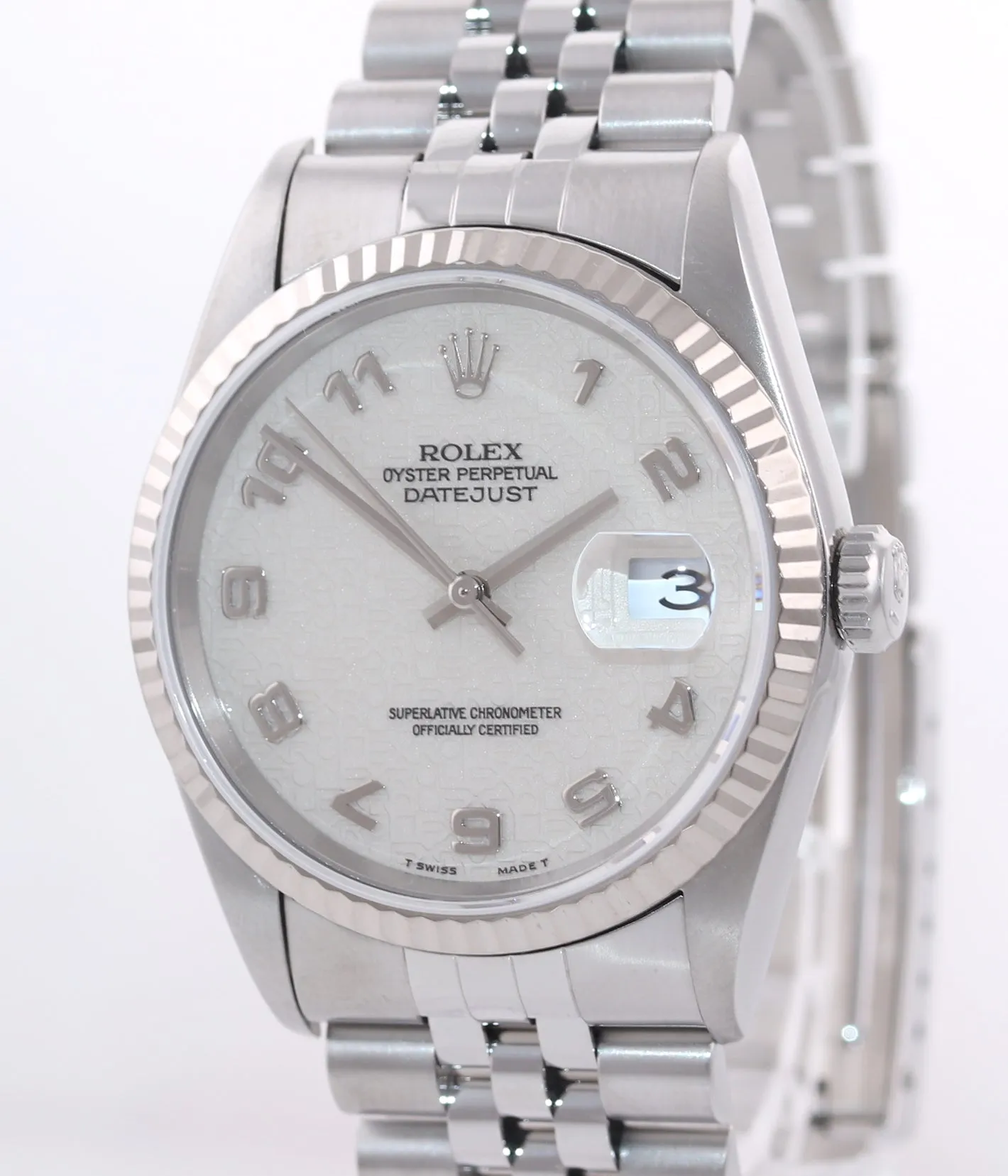MINT Rolex DateJust 36mm 16234 Steel Silver Stick Jubilee 18k Fluted Watch Box