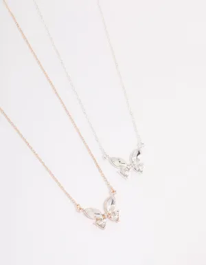 Mixed Metal Diamante Butterfly Necklace Pack